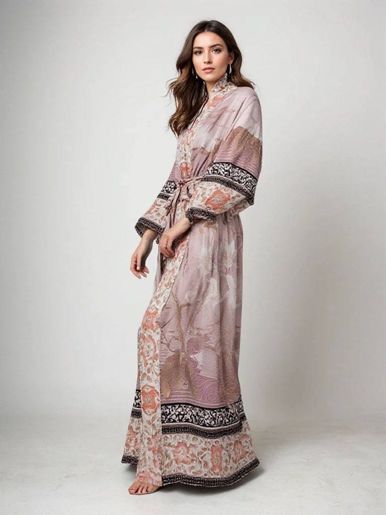 Clover | Women's Long Kimono Dress with Floral Print