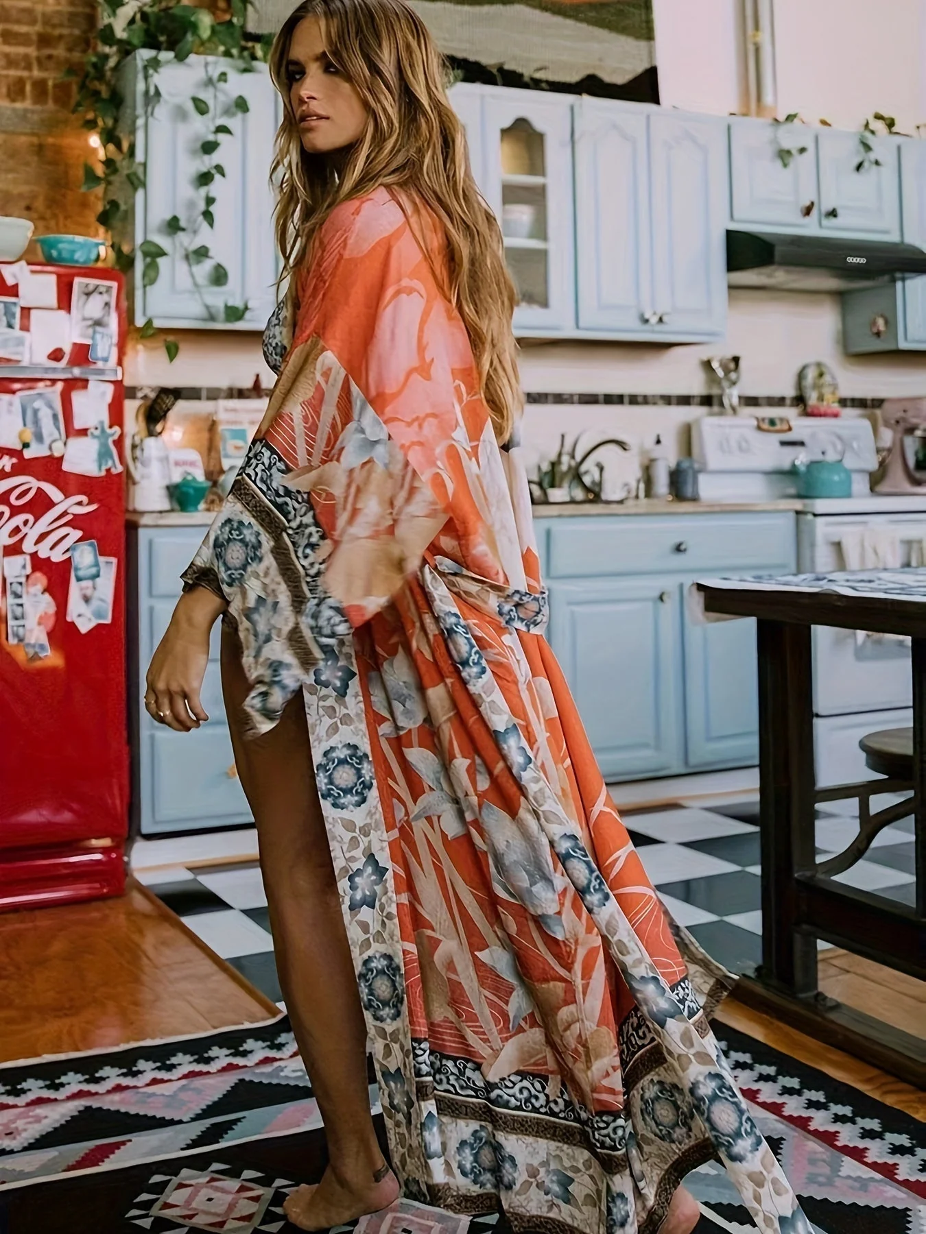 Clover | Women's Long Kimono Dress with Floral Print - Image 2