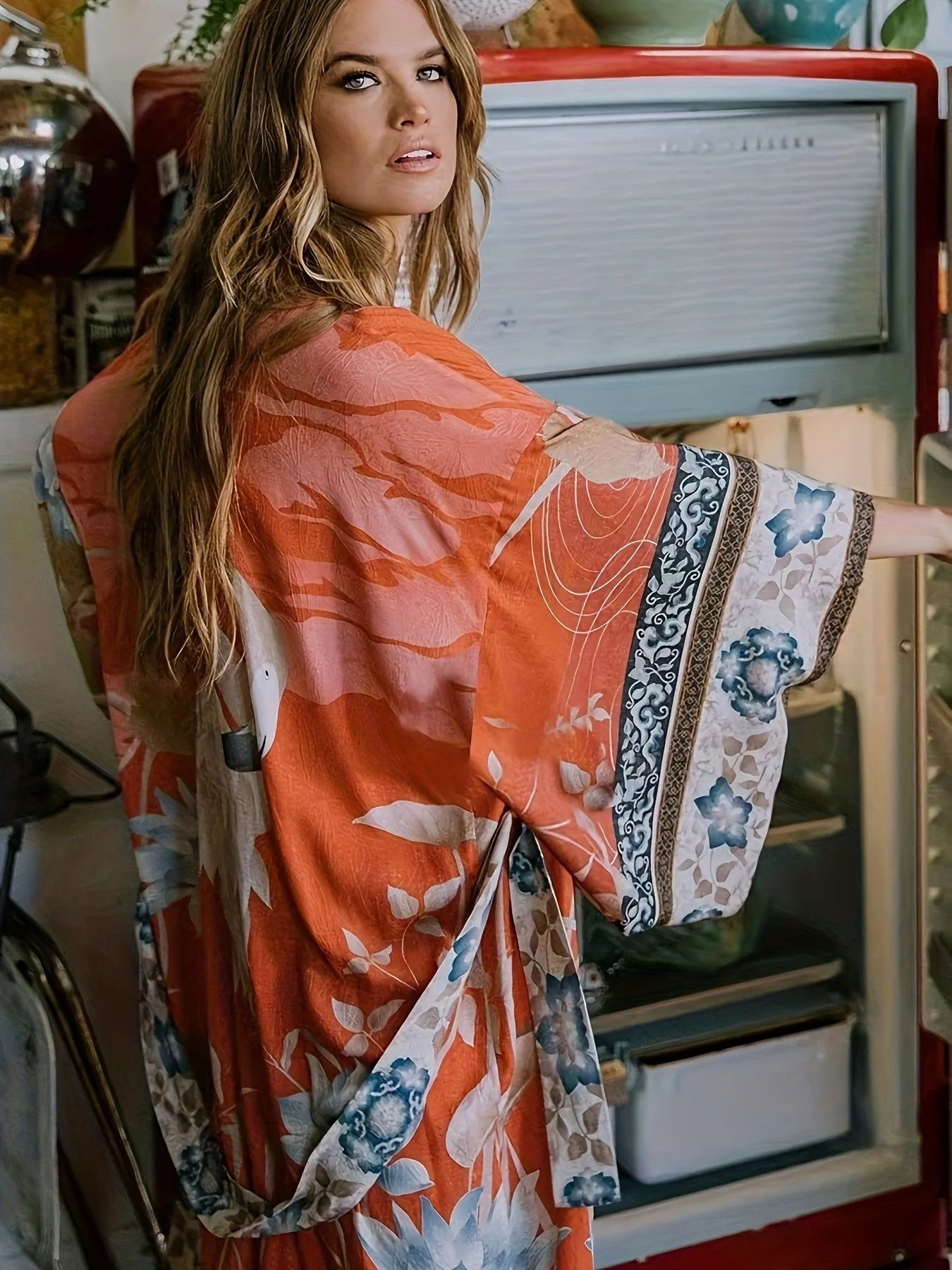 Clover | Women's Long Kimono Dress with Floral Print - Image 3