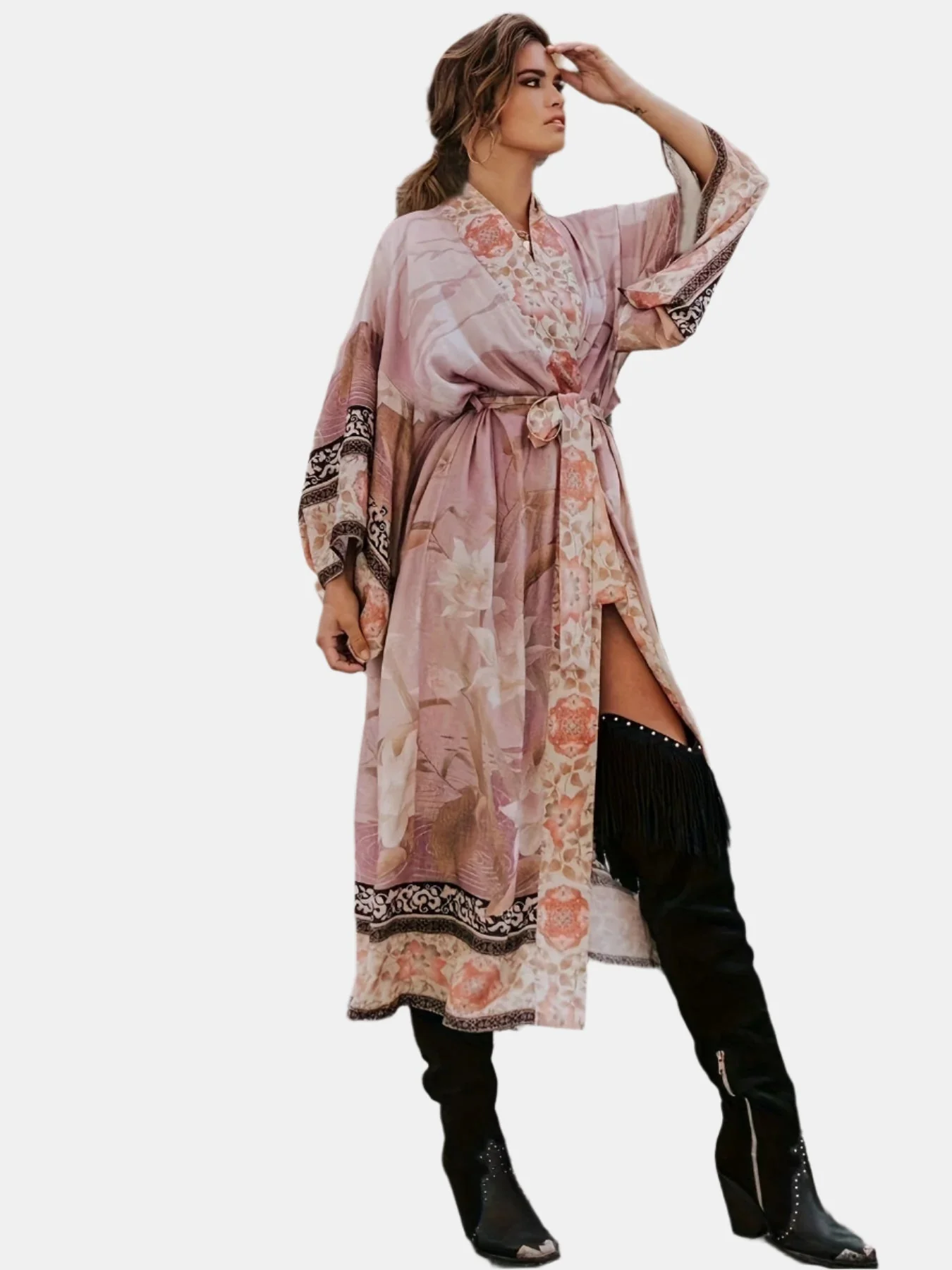 Clover | Women's Long Kimono Dress with Floral Print - Image 4