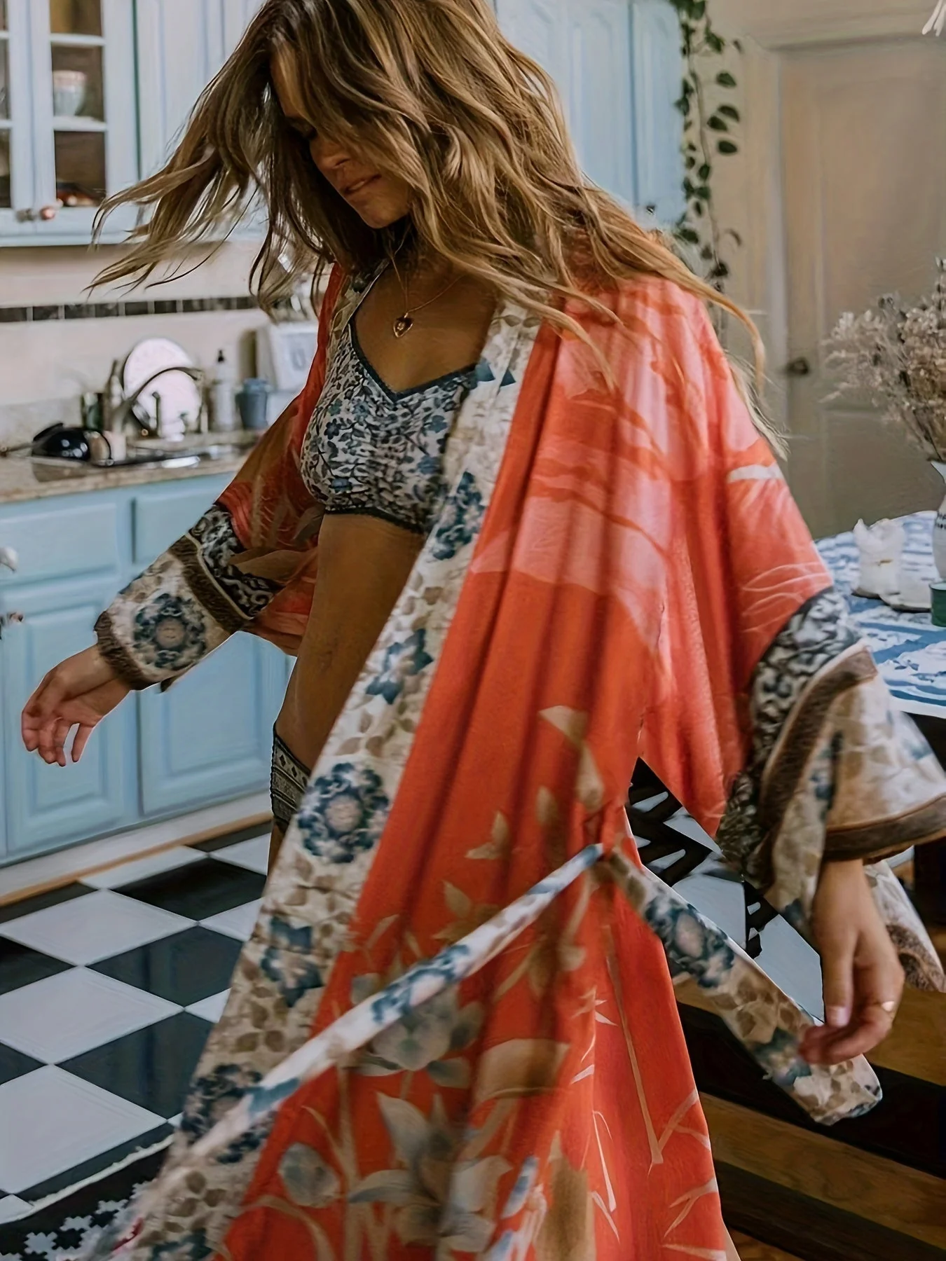 Clover | Women's Long Kimono Dress with Floral Print - Image 7