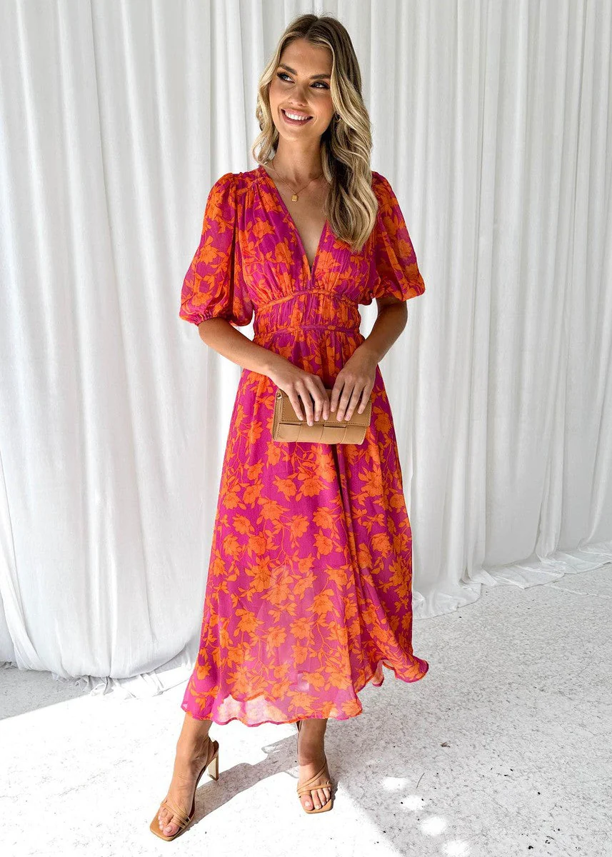 Georgie | Women's Floral V-Neck Maxi Dress with Puff Sleeves