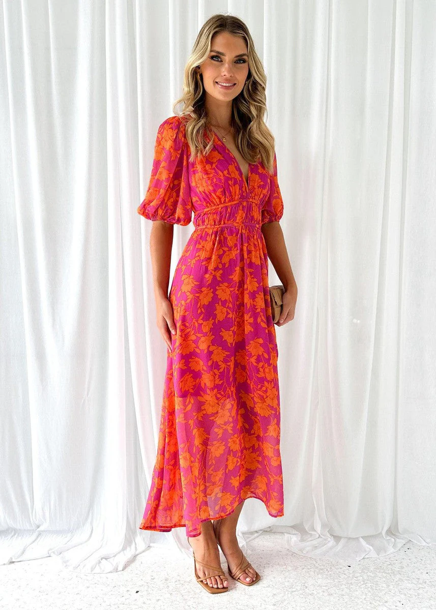 Georgie | Women's Floral V-Neck Maxi Dress with Puff Sleeves - Image 2