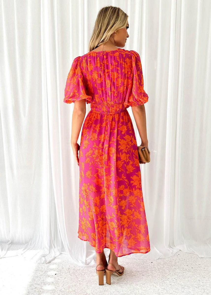 Georgie | Women's Floral V-Neck Maxi Dress with Puff Sleeves - Image 3
