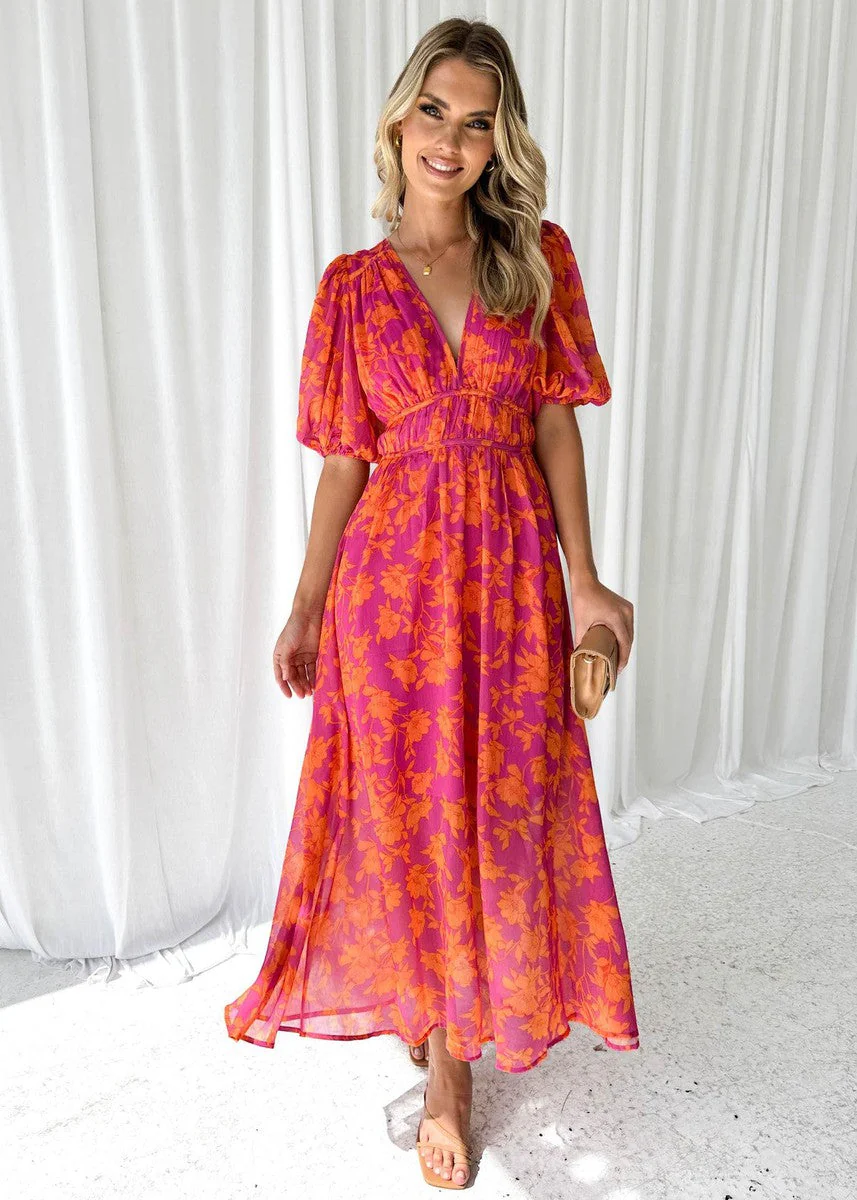 Georgie | Women's Floral V-Neck Maxi Dress with Puff Sleeves - Image 4