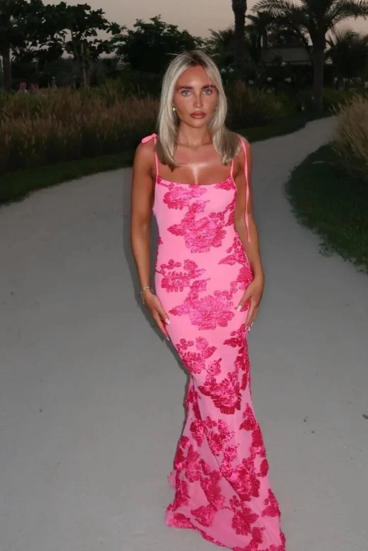 Harriet | Women's Pink Floral Maxi Dress with Elegant Shoulder Ties
