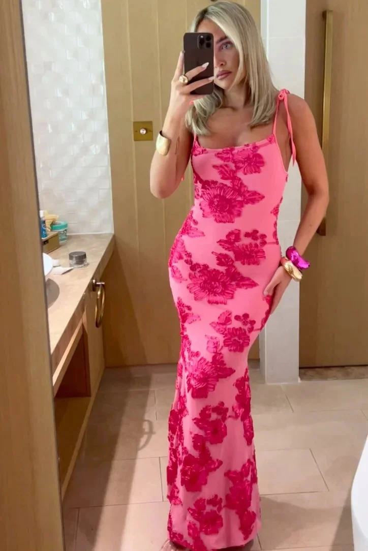 Harriet | Women's Pink Floral Maxi Dress with Elegant Shoulder Ties - Image 2