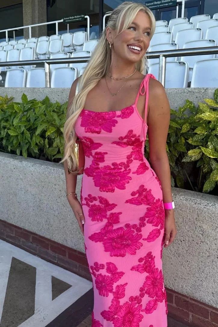 Harriet | Women's Pink Floral Maxi Dress with Elegant Shoulder Ties - Image 4