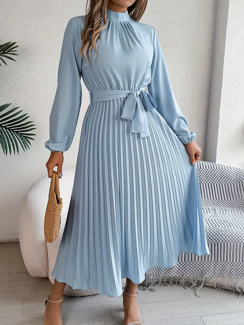 Rae | Women's Chic Pleated Midi Dress with Belted Waist