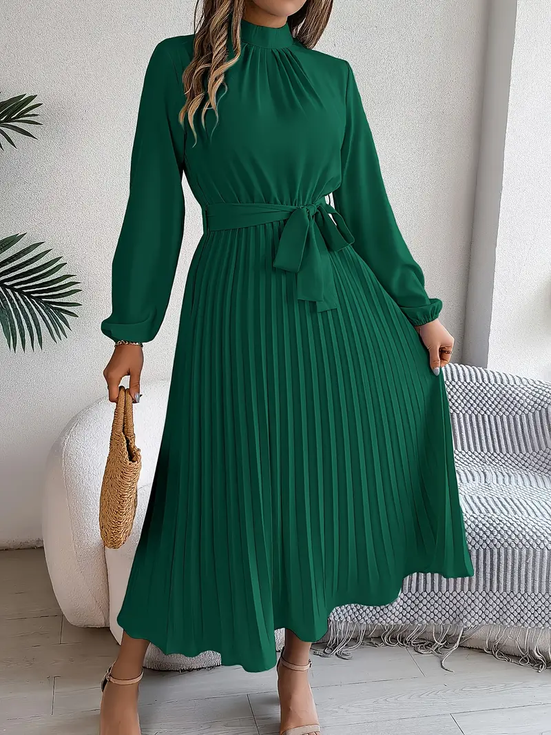 Rae | Women's Chic Pleated Midi Dress with Belted Waist - Image 3