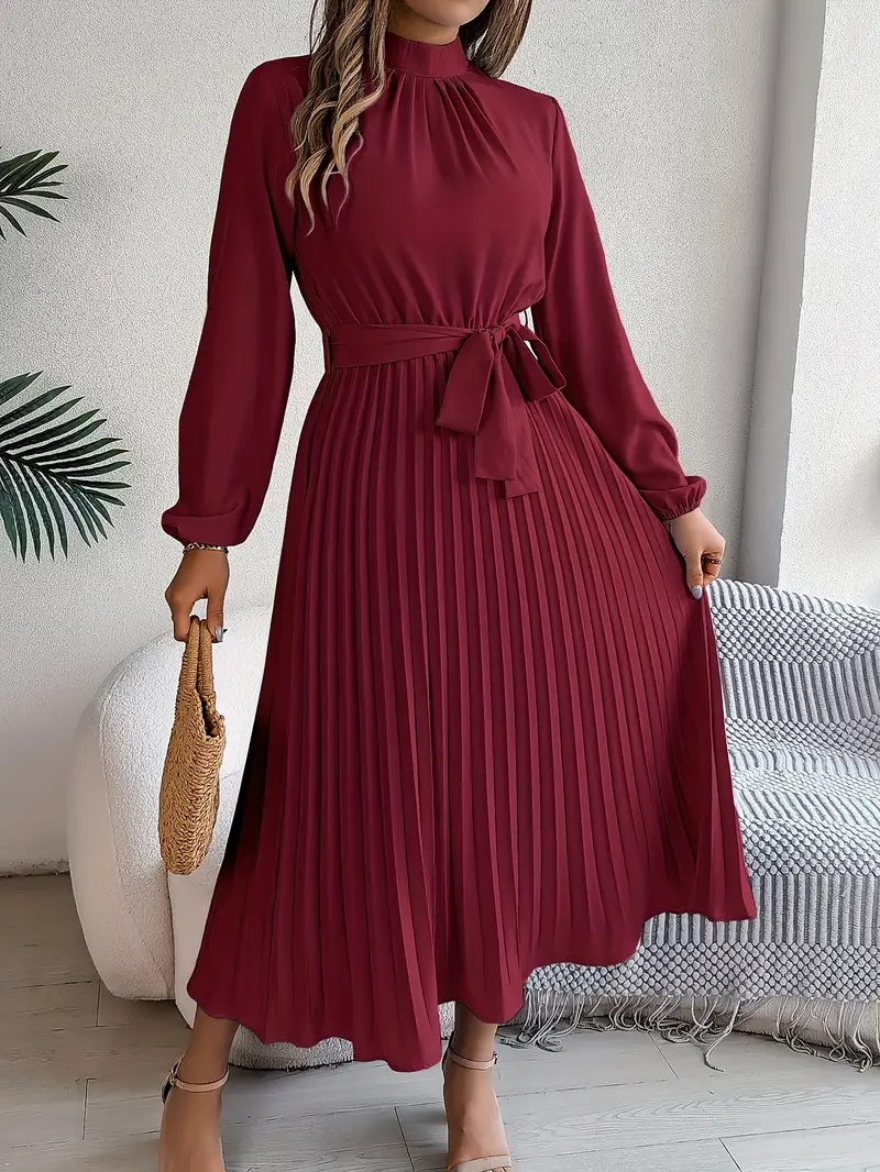 Rae | Women's Chic Pleated Midi Dress with Belted Waist - Image 5