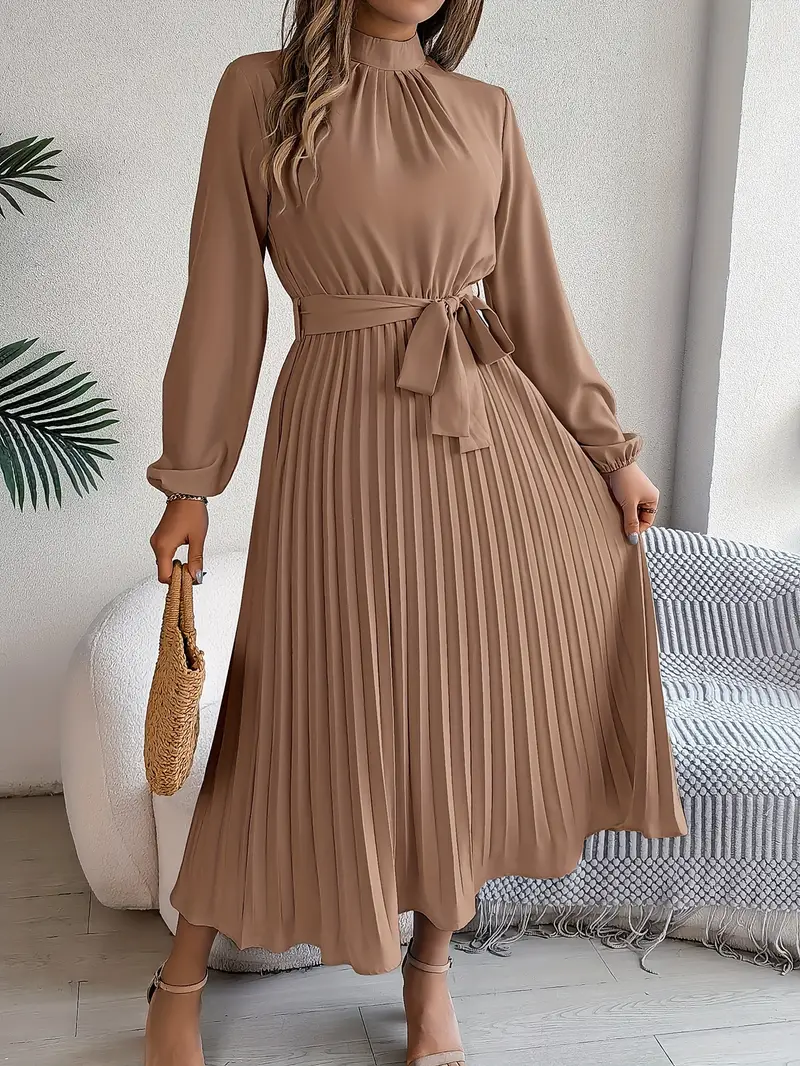 Rae | Women's Chic Pleated Midi Dress with Belted Waist - Image 9