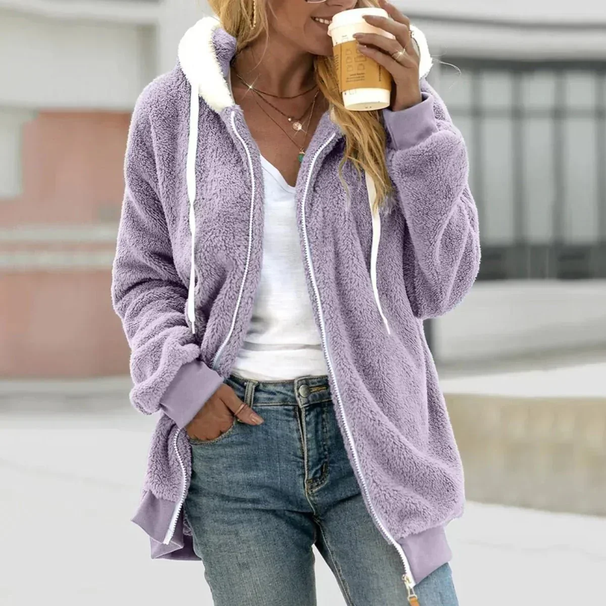 Thea | Sherpa Zip Hoodie Cardigan - Image 2