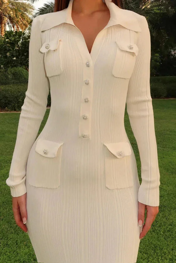 Women's Ribbed Midi Dress with Button Details - Image 10